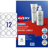Avery L7114 Round Crystal Clear 60mm A4 Label, 12 Labels Per Sheet - 10 Sheets Per Pack.
