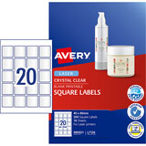 Avery L7126 Square Crystal Clear A4 Label, 20 Labels Per Sheet - 10 Sheets Per Pack.