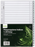Index Dividers 20 Tabs 1-20 Numerical Polypropylene Grey